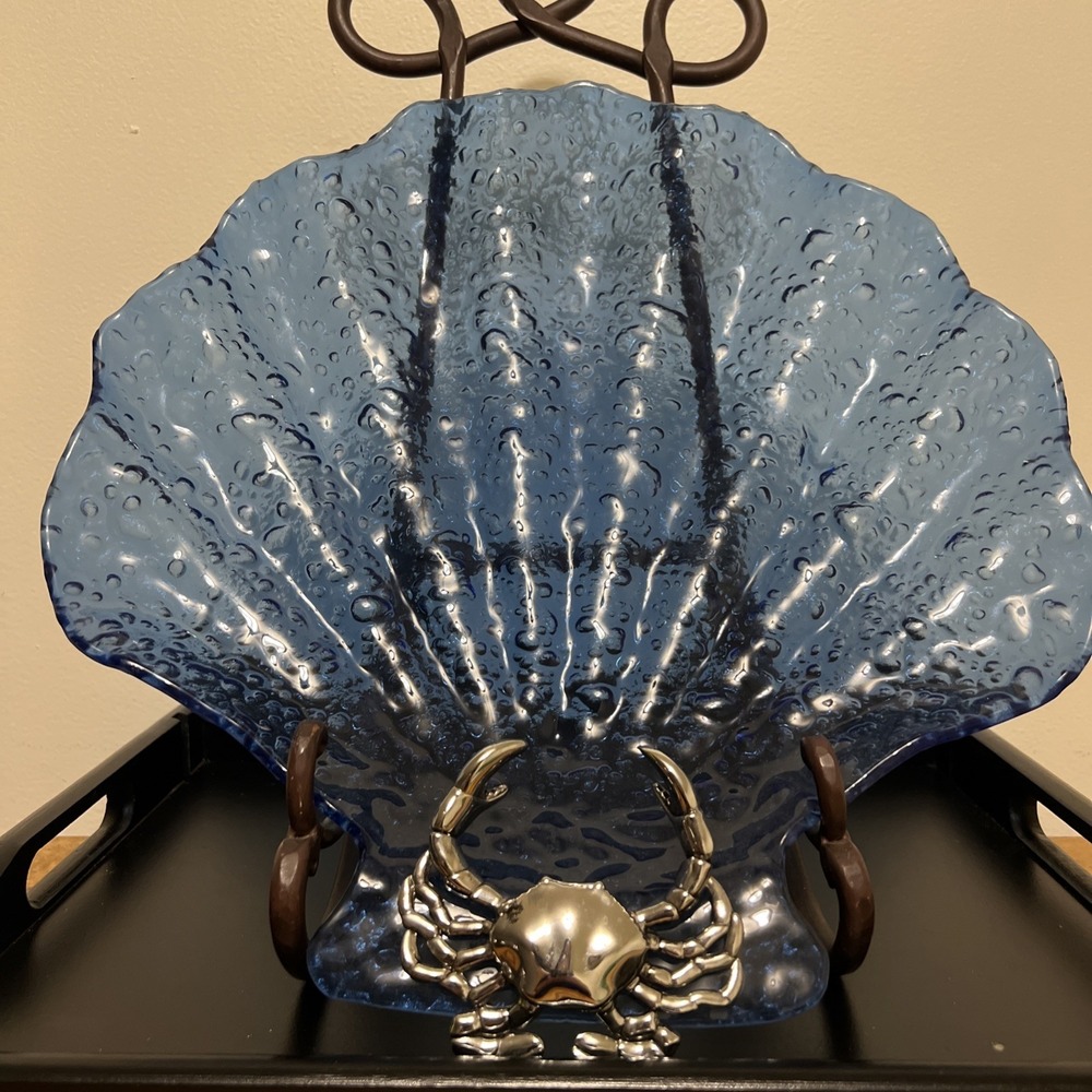 Mudpie Blue Glass Horsdoeuvre SERVING TRAY Metal Crab Party Serving Ware 15"